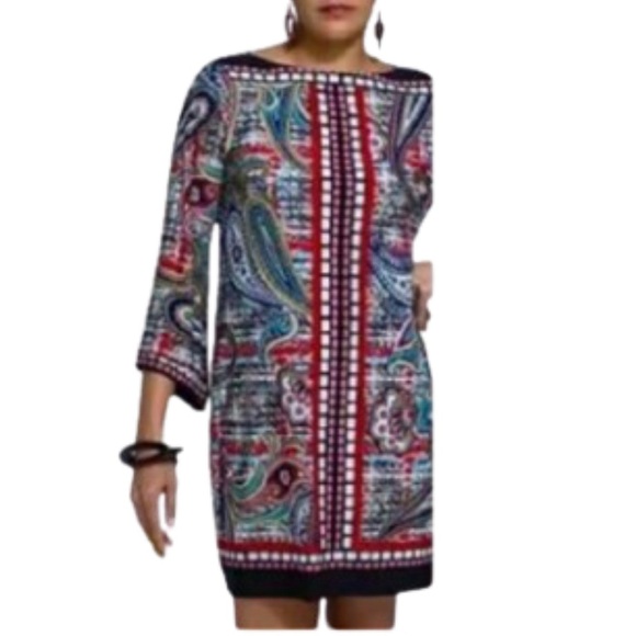 Beige by eci Red and Black Long Sleeve Sheath Dress Sz 8 - Picture 1 of 10